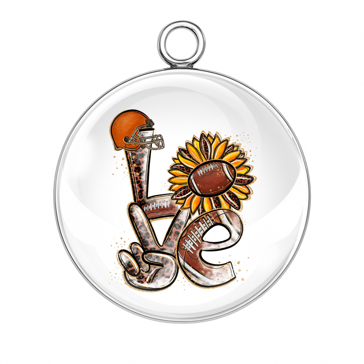 Football LOVE Charm – "LOVE football charm with helmet, ball, and sunflower – stainless steel pendant."