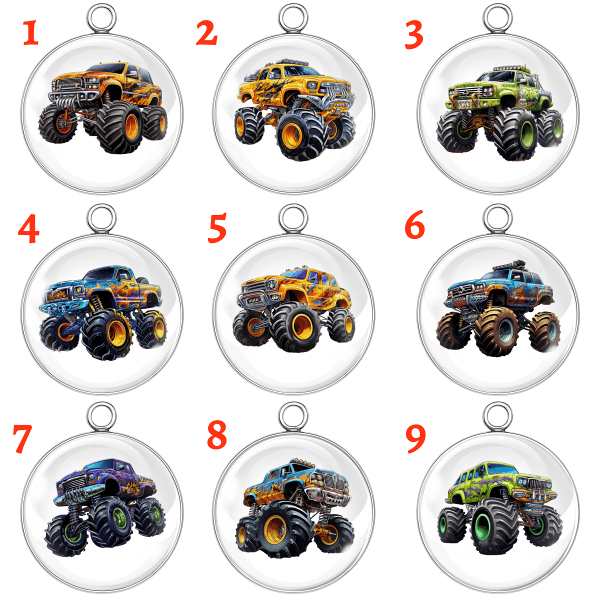 Nine monster truck glass cabochon charms in stainless steel bases featuring colorful and detailed monster trucks, each labeled by number for selection.