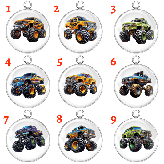 Nine monster truck glass cabochon charms in stainless steel bases featuring colorful and detailed monster trucks, each labeled by number for selection.