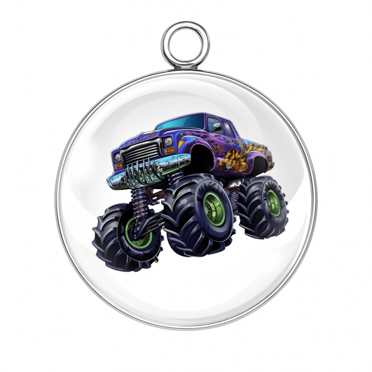 Purple and green flame monster truck charm