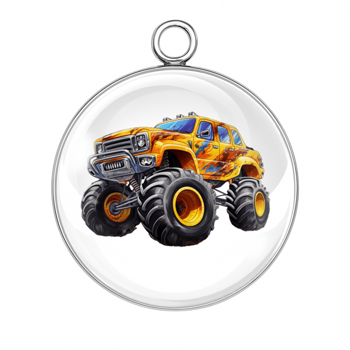 Bright yellow monster truck charm with checkered detail