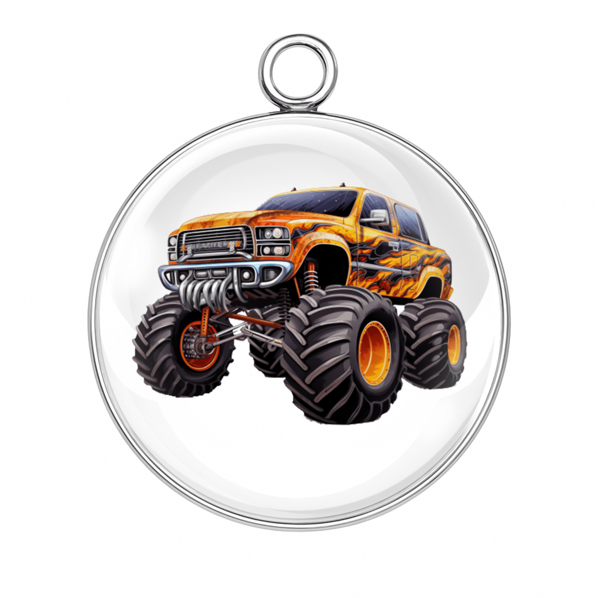 Yellow flame monster truck charm with silver wheels