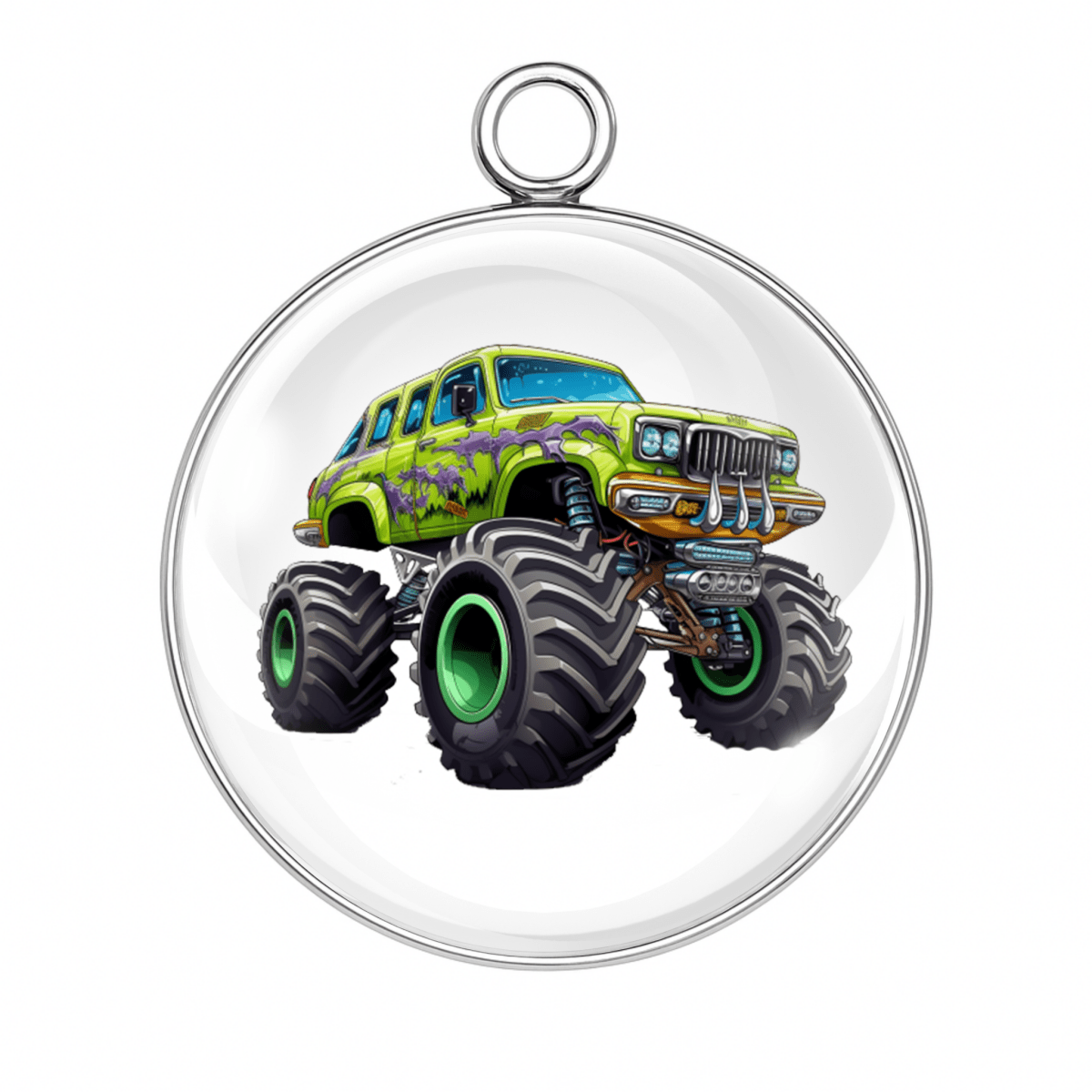 Neon green monster truck charm with black trim