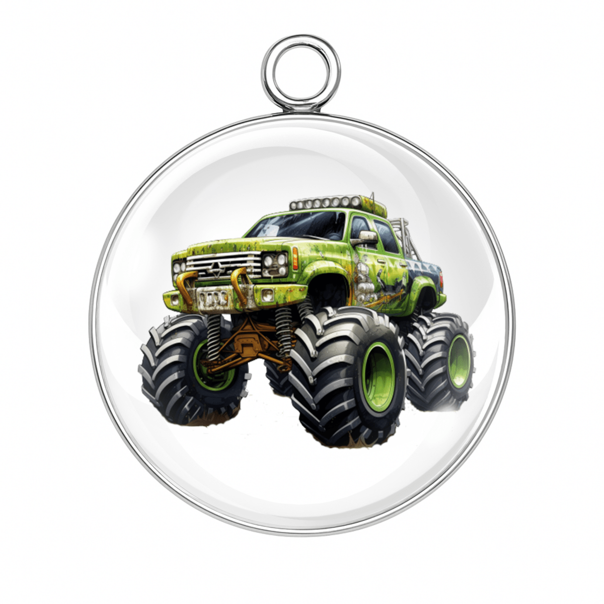 Green camo monster truck charm with bold tires