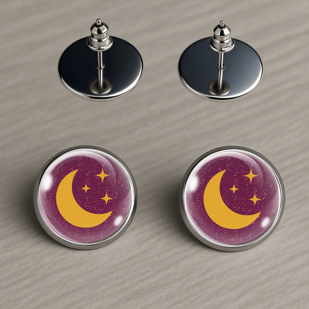 Moon and stars earrings with purple sparkles background
