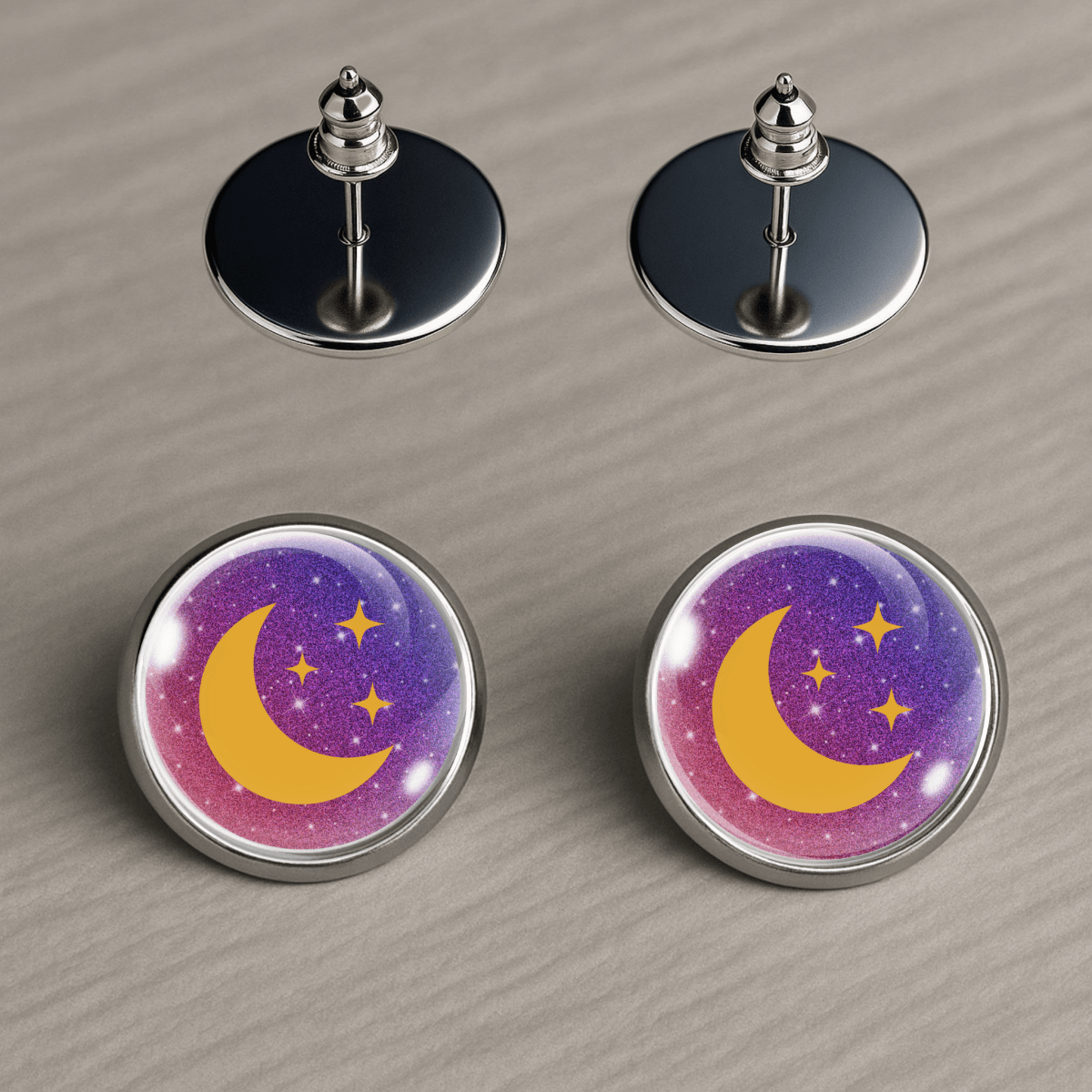 Moon and stars earrings with pink and purple ombre galaxy background