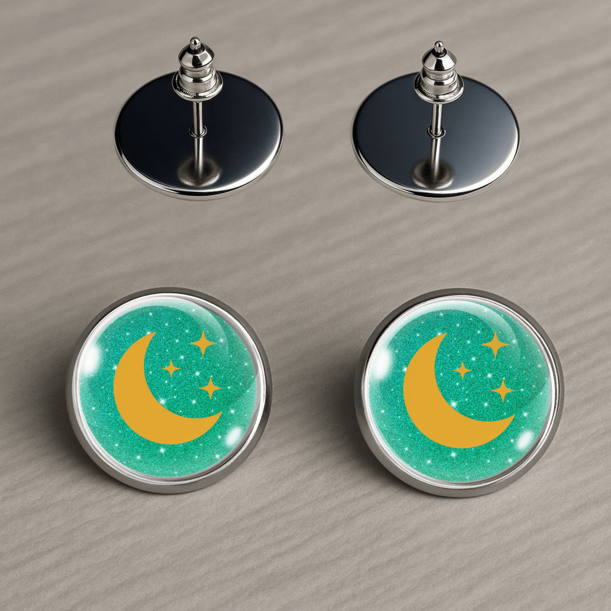 Moon and stars earrings with turquoise green galaxy background