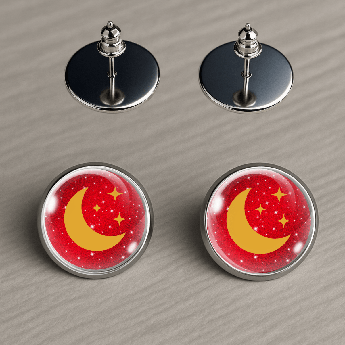 Moon and stars earrings with red galaxy glitter background