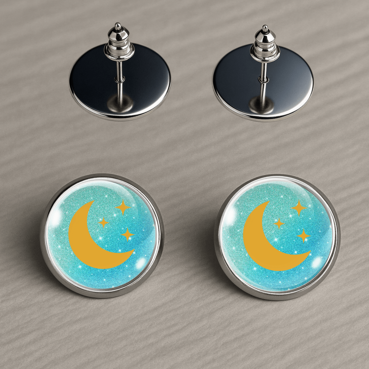 Moon and stars earrings with pastel sky blue background