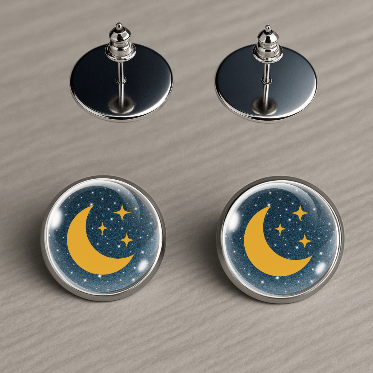 Moon and stars earrings with deep indigo sparkle background
