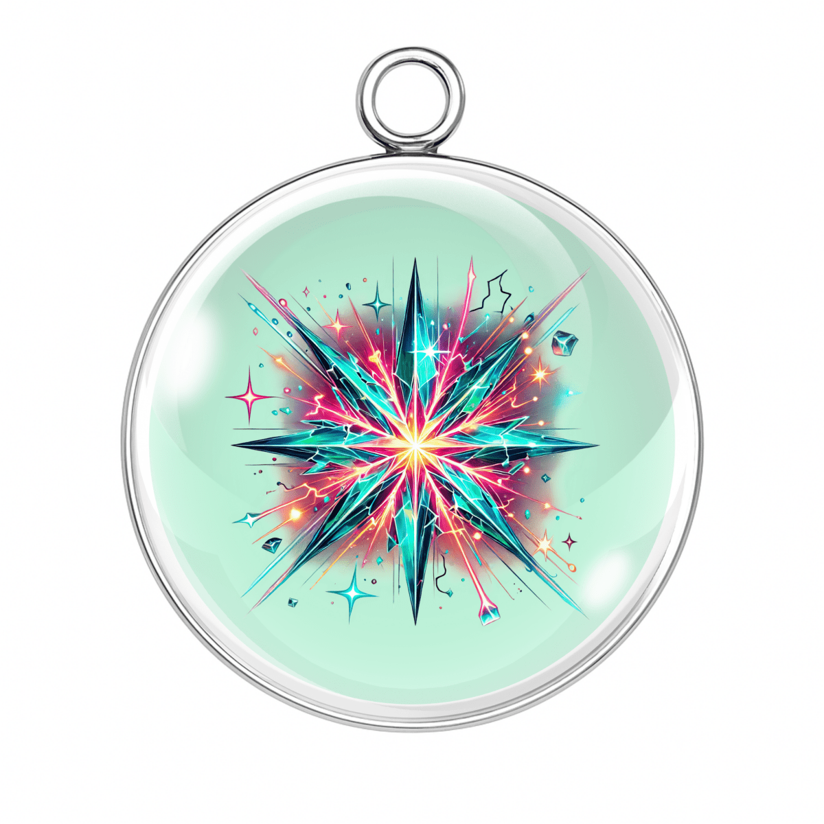 Pendant with a colorful star design on a light green background
