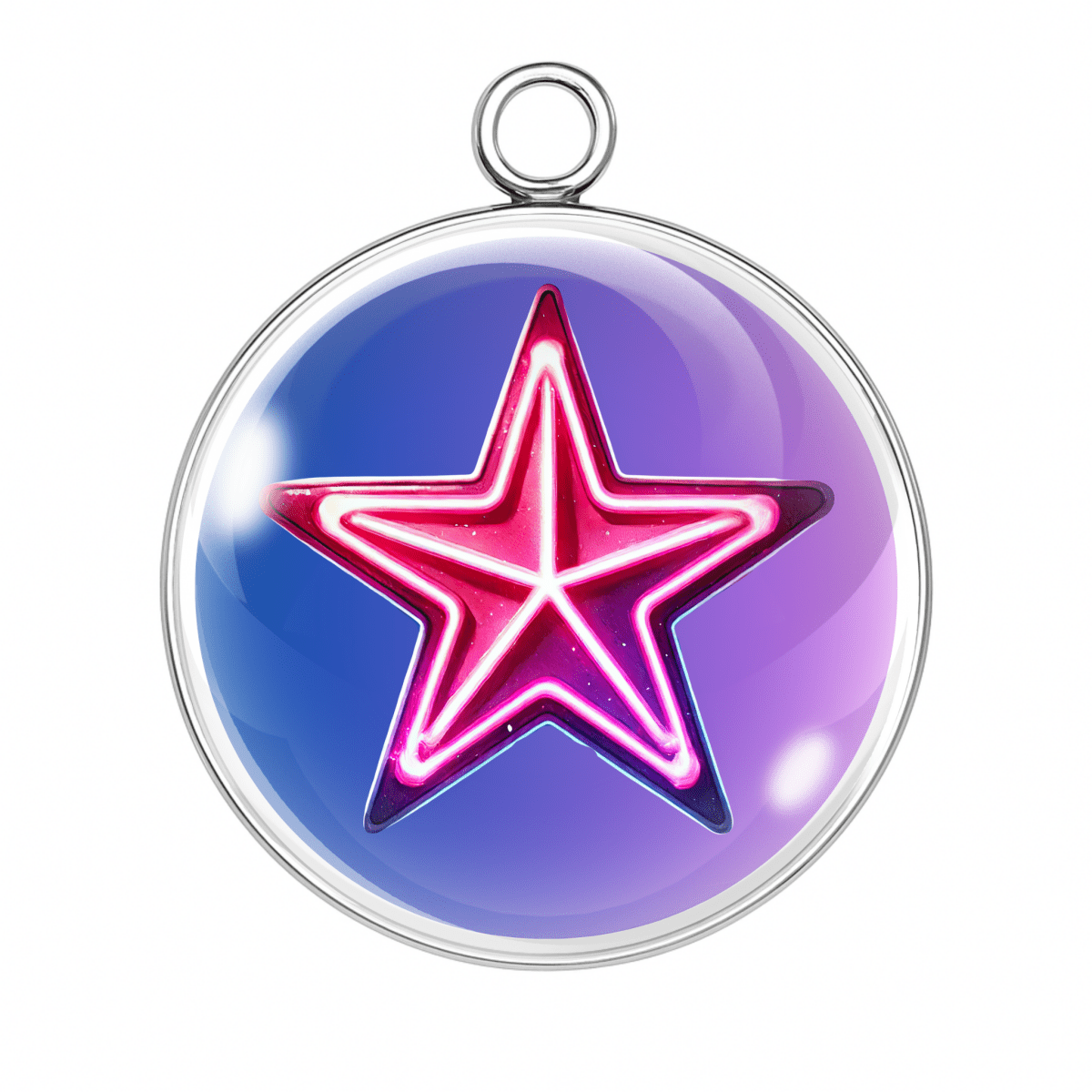 Neon pink star design on a round purple and blue background with a silver ring.