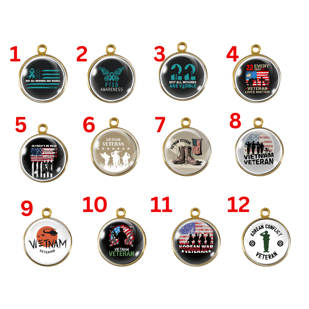 Group of 12 veteran and military support charms featuring PTSD awareness, Vietnam veteran, and remembrance designs.