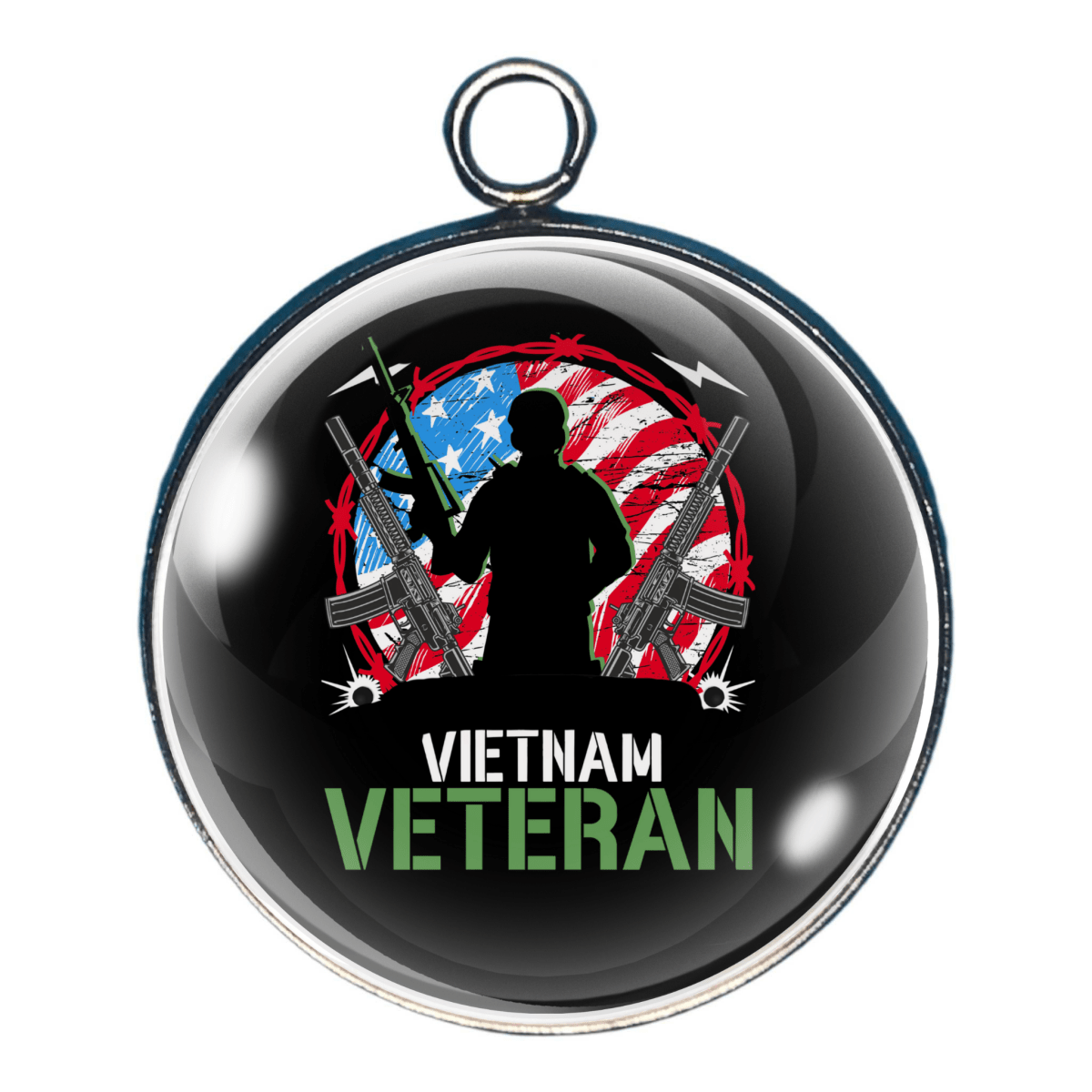 Charm with 'Vietnam Veteran' text and silhouette of a soldier with rifles against an American flag background.