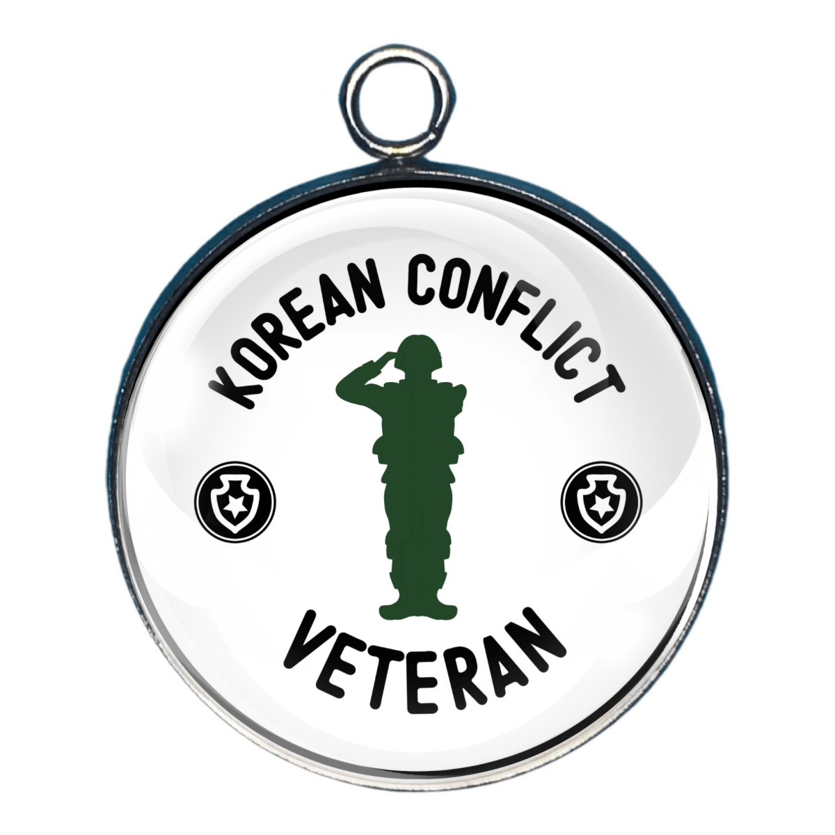 Charm with green silhouette of a soldier and text ‘Korean Conflict Veteran’.