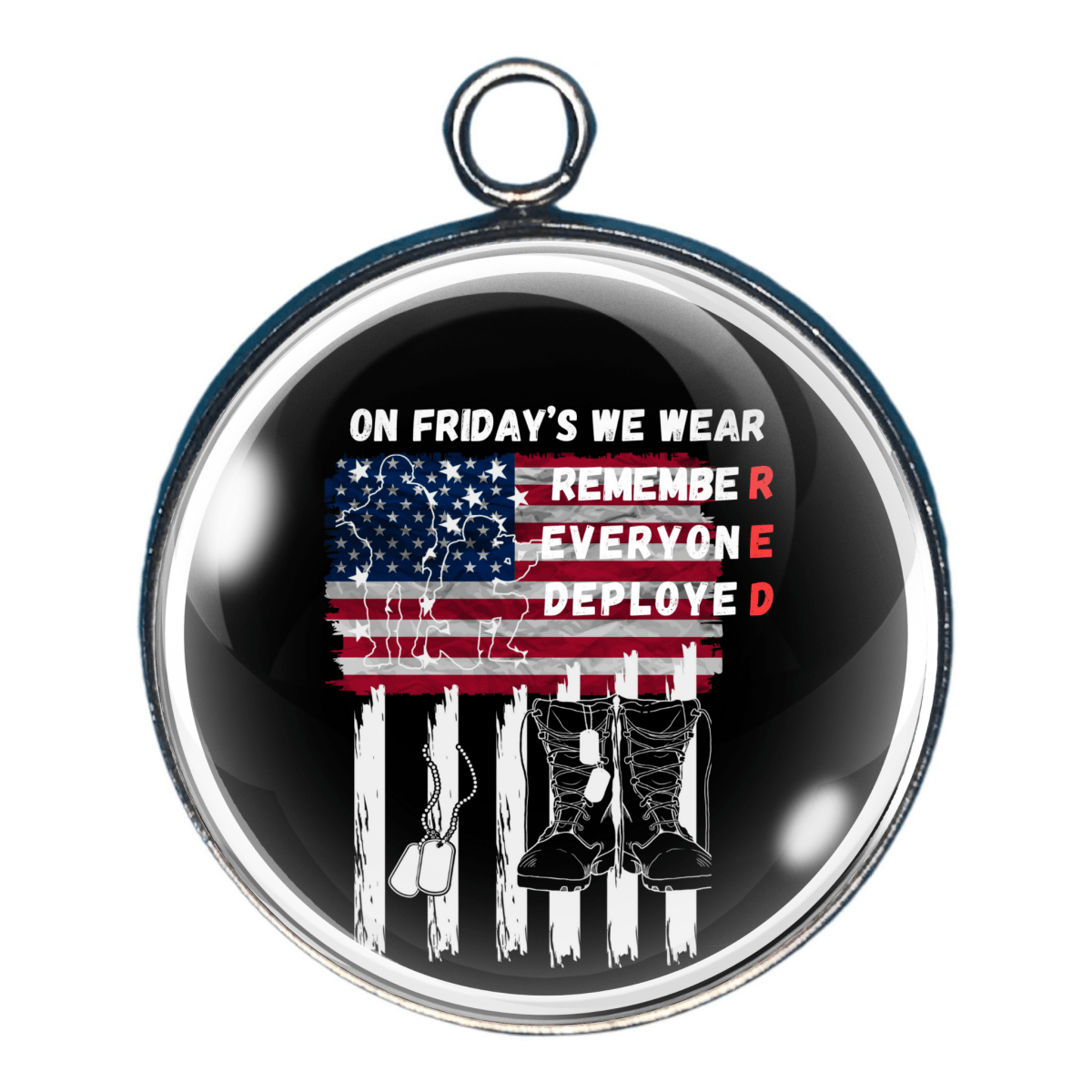 Charm with black and white flag and text ‘On Fridays We Wear Red – Remember Everyone Deployed’.