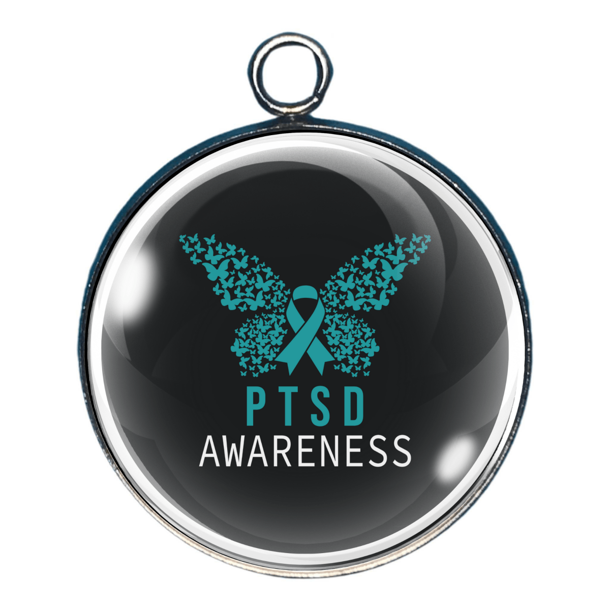 Charm with teal butterfly and text ‘PTSD Awareness’.