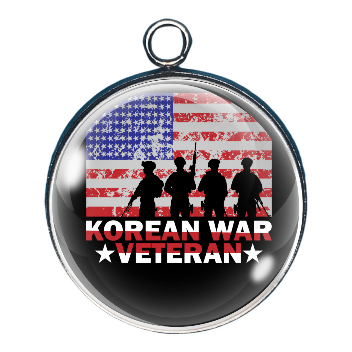 Charm with American flag and silhouette of soldiers, featuring 'Korean War Veteran' text.