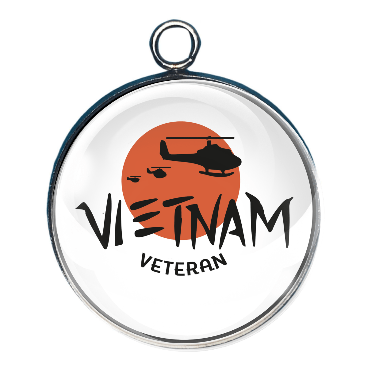Charm with helicopters against an orange sun and the text ‘Vietnam Veteran’.