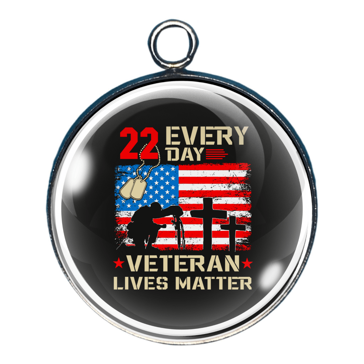 Charm with American flag and text ‘22 Every Day – Veteran Lives Matter’.