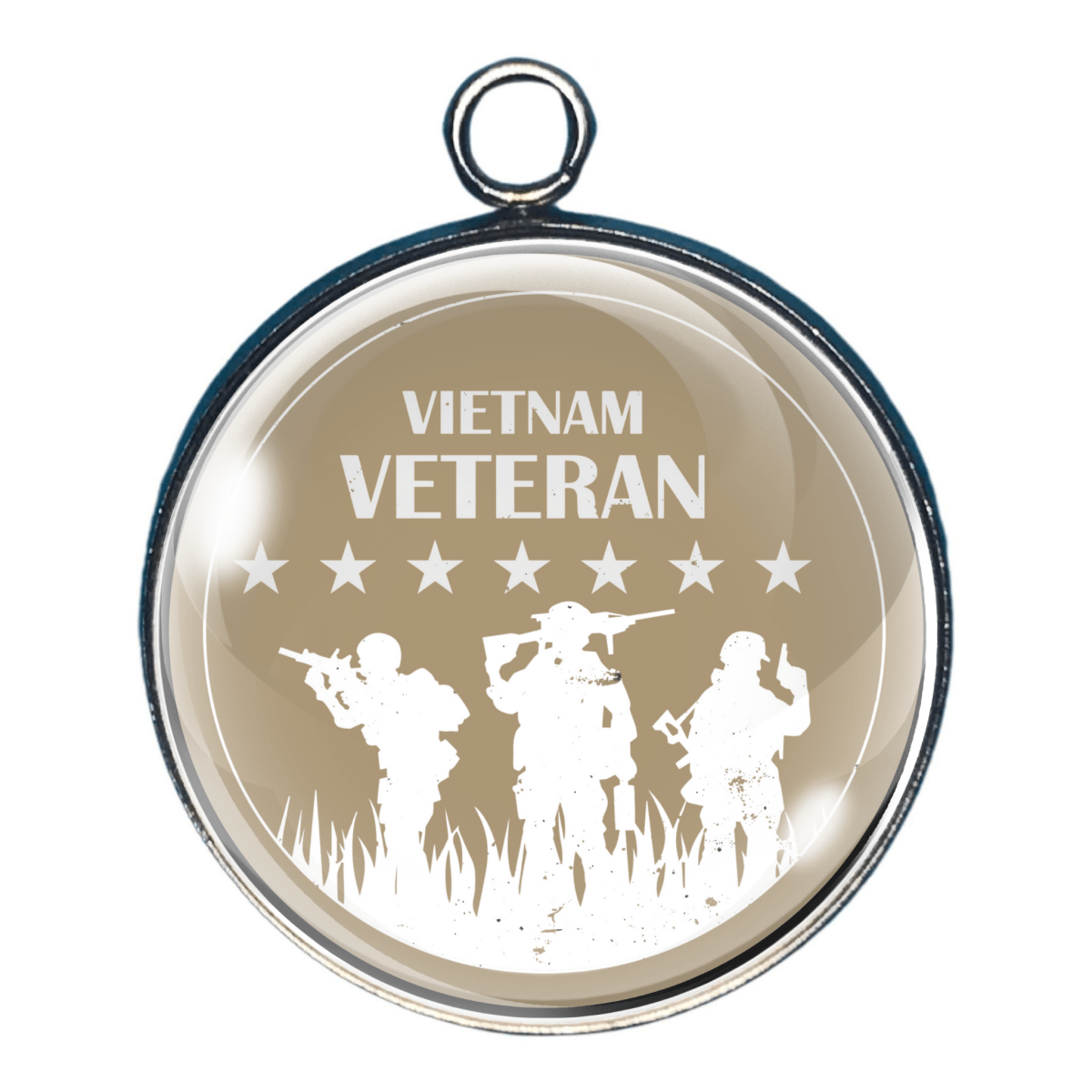 Charm with silhouette of soldiers and text ‘Vietnam Veteran’ on tan background.