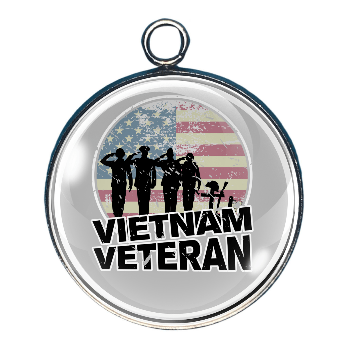 Charm with soldier silhouettes and American flag background, text ‘Vietnam Veteran’.