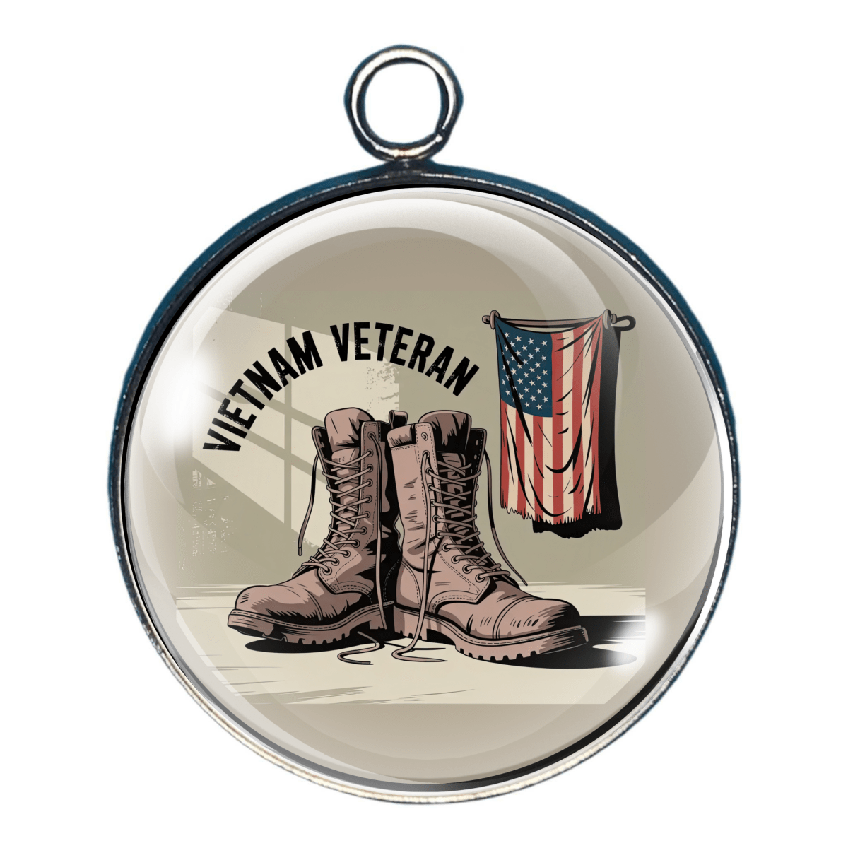 Charm with boots, flag and helmet and text ‘Vietnam Veteran’.