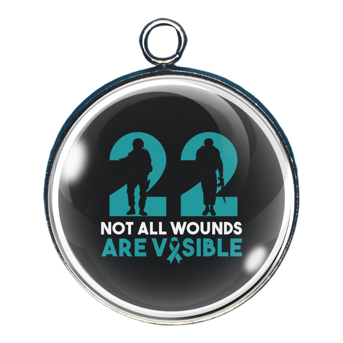 Charm with teal ‘22’ design and text ‘Not All Wounds Are Visible’.