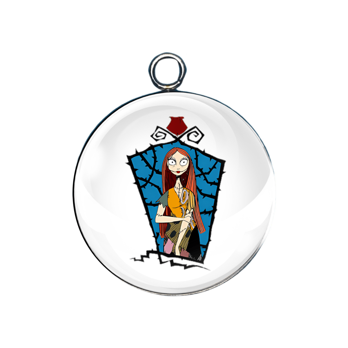Circular pendant with a cartoon character design on a white background. Sally standing in coffin doorway