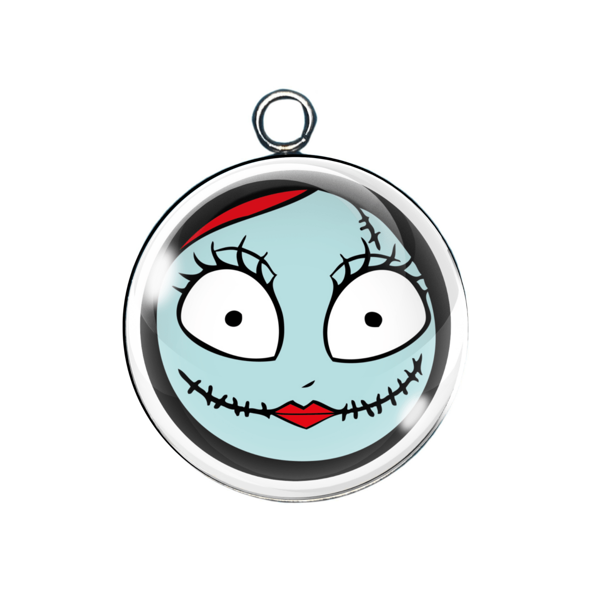 Circular pendant with a cartoon character face design on a white background. Close-up stitched face of Sally