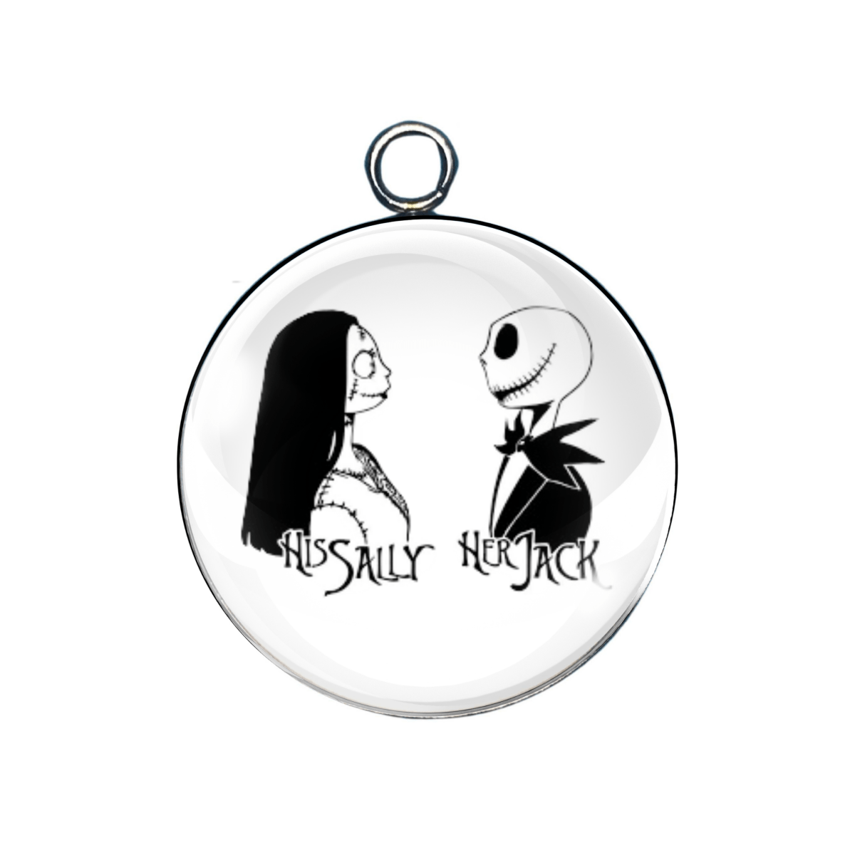 Circular pendant with 'His Sally Her Jack' text and cartoon characters on a white background