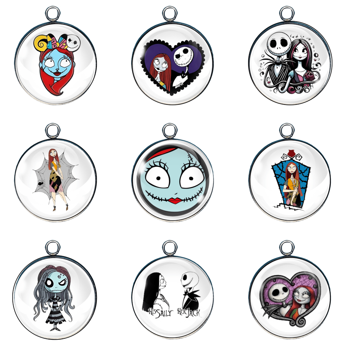 Set of 'Nightmare Before Christmas' themed pendants on a white background