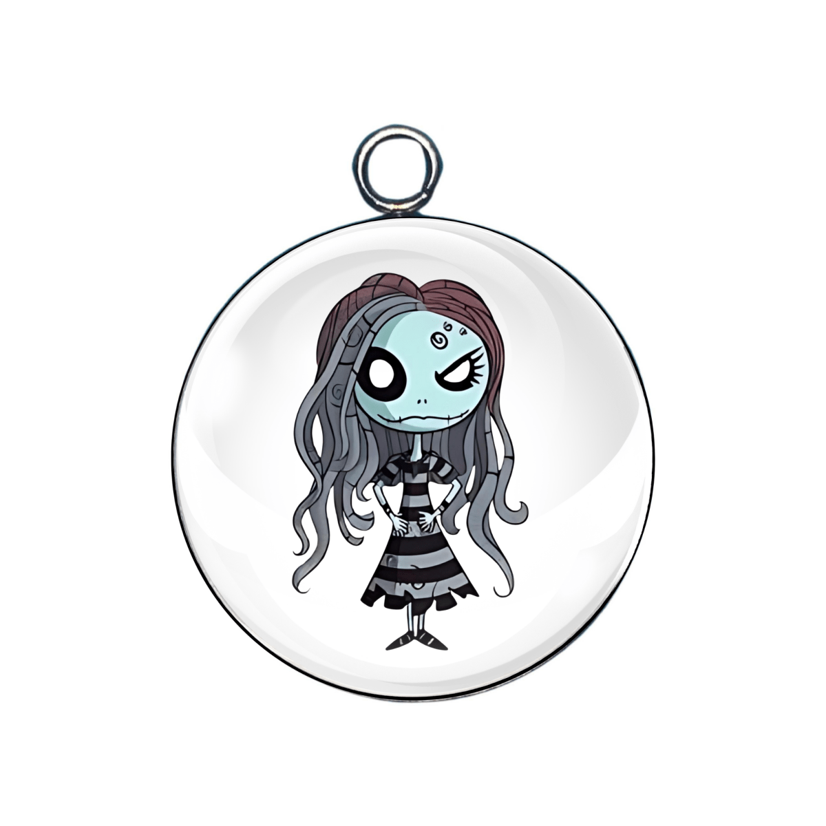 Circular pendant with a cartoon character on a white background