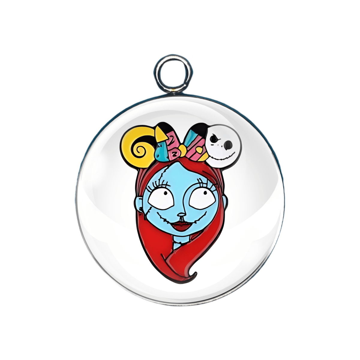 Circular pendant with cartoon character design on a white background