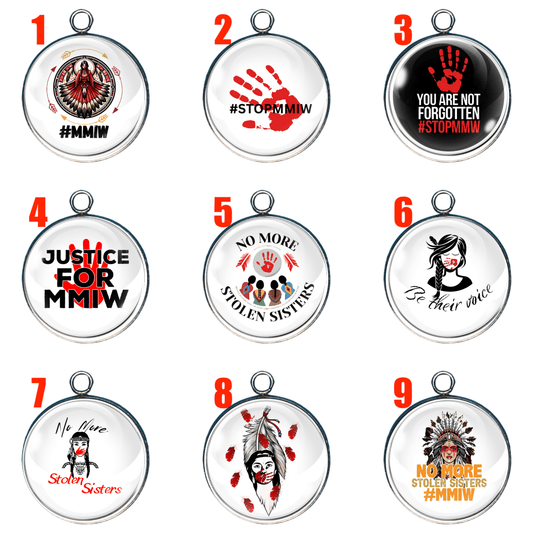 group of 9 charms showing support for missing and stolen Indigenous women.