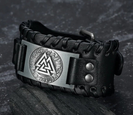 Nordic Viking Totem Triangle Energy Men's Leather Bracelet – Strength & Style Combined