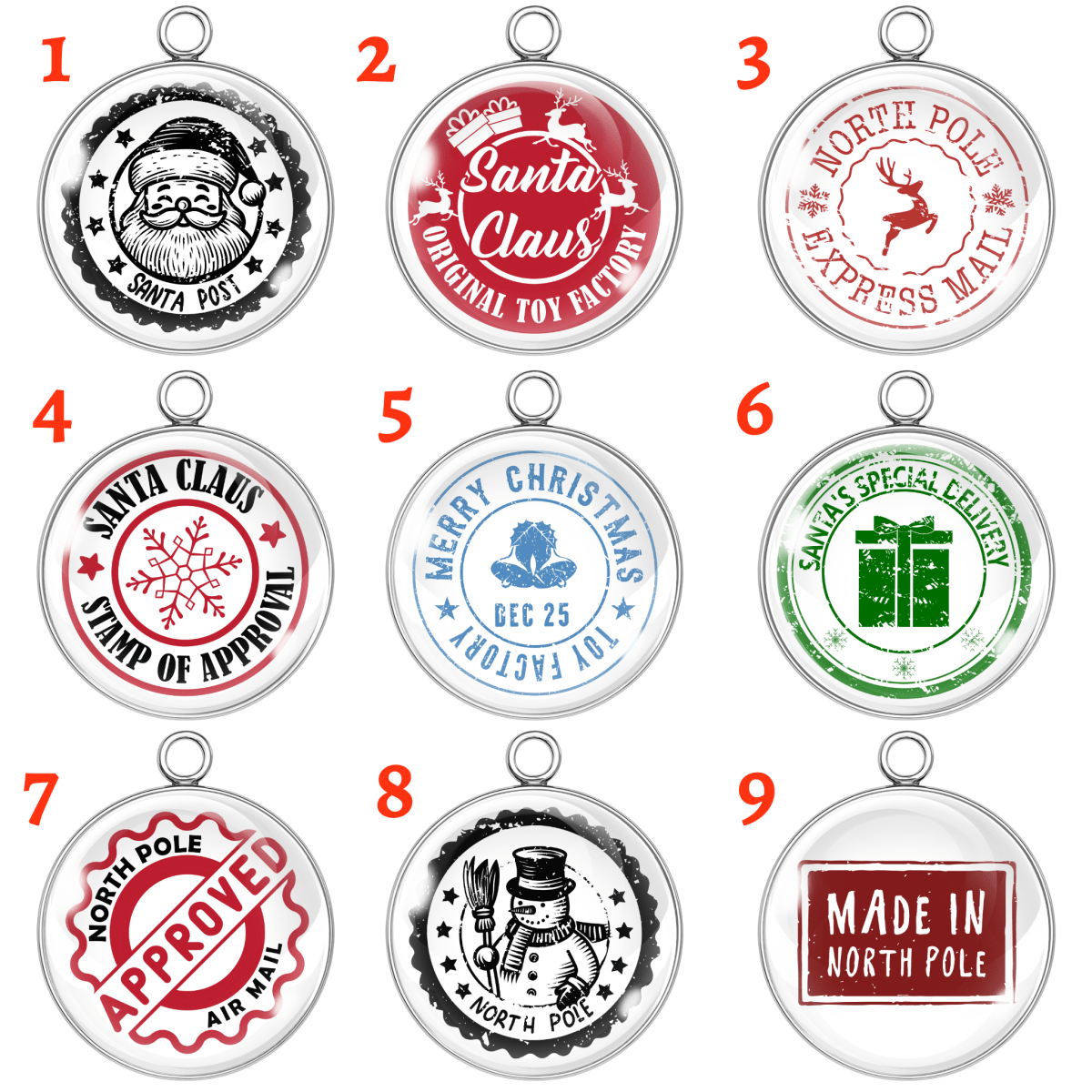 Set of 9 North Pole stamp-style Christmas glass cabochon charms with Santa, snowman, and gift designs in silver stainless-steel bases, available in multiple sizes.