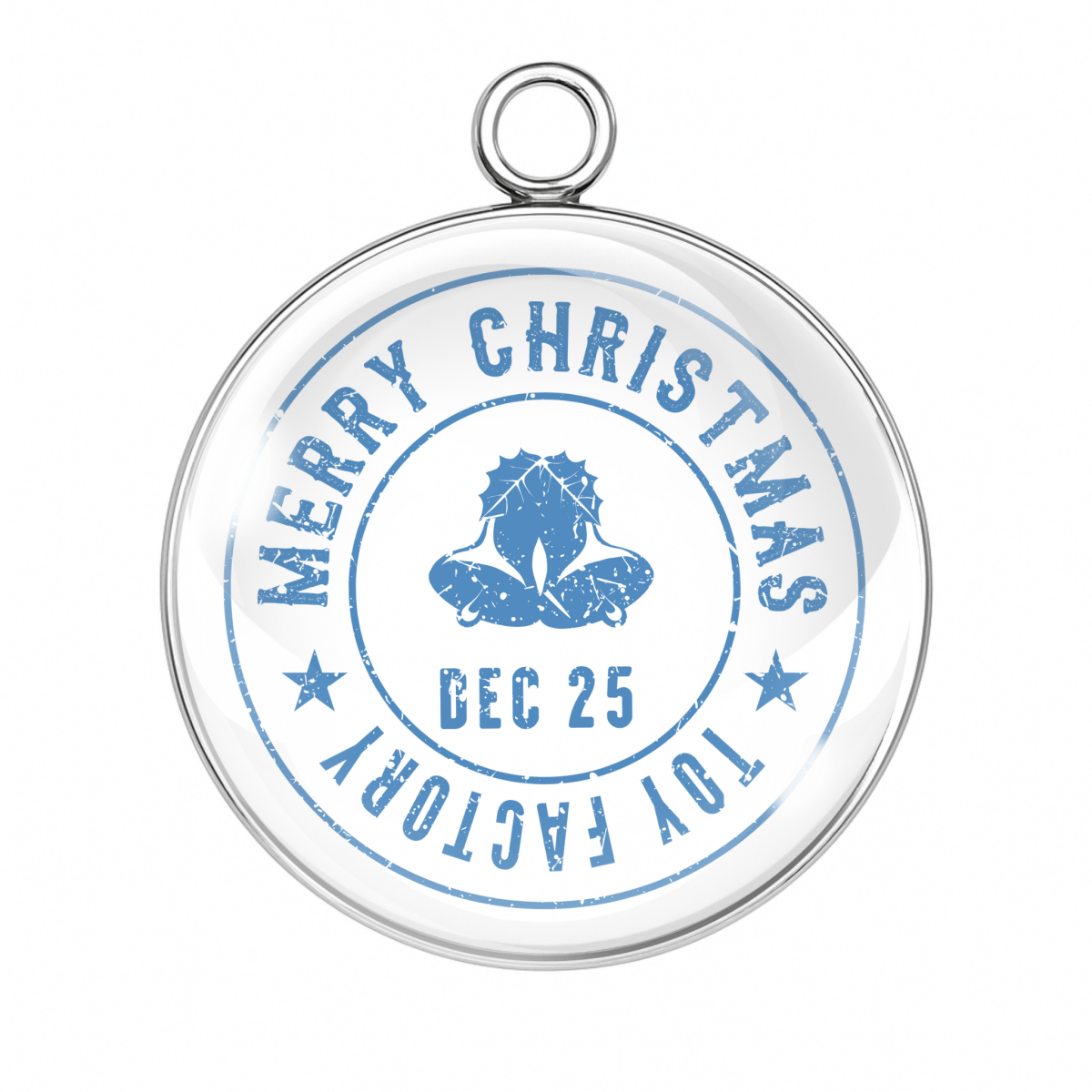 Blue Merry Christmas Toy Factory postal charm with Dec 25 design, handmade glass cabochon pendant.