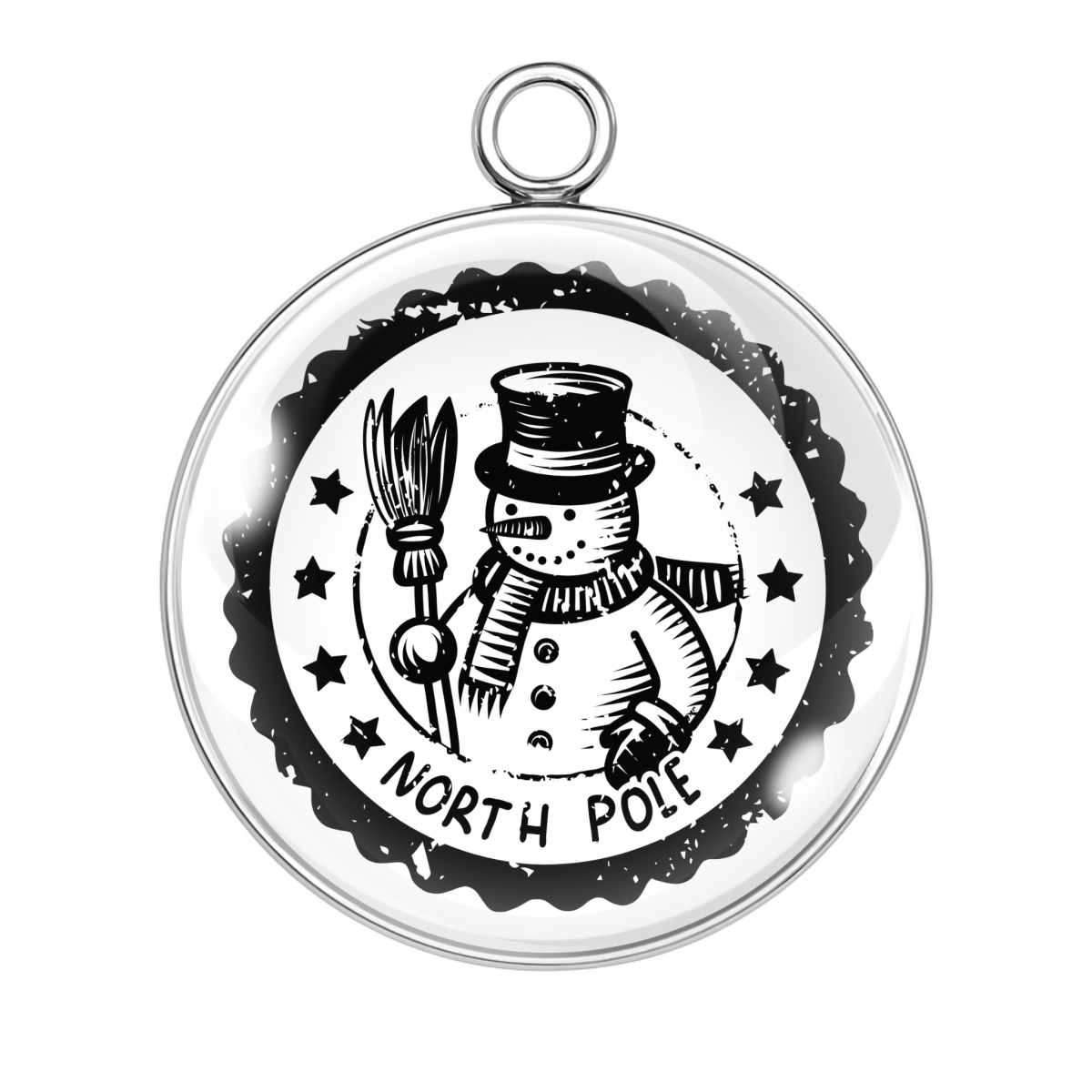 Vintage black-and-white North Pole snowman postal stamp design, glass cabochon charm for festive crafts