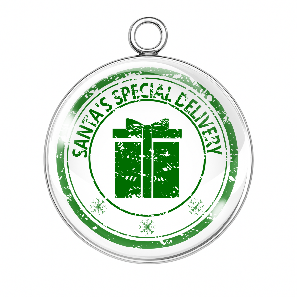 Santa’s Special Delivery green gift postal stamp charm under glass dome, silver or gold stainless-steel base.