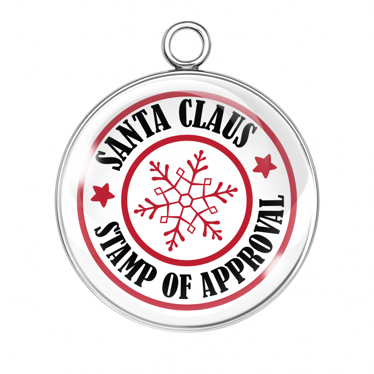 Santa Claus Stamp of Approval red snowflake postmark design glass charm in silver or gold stainless-steel base.