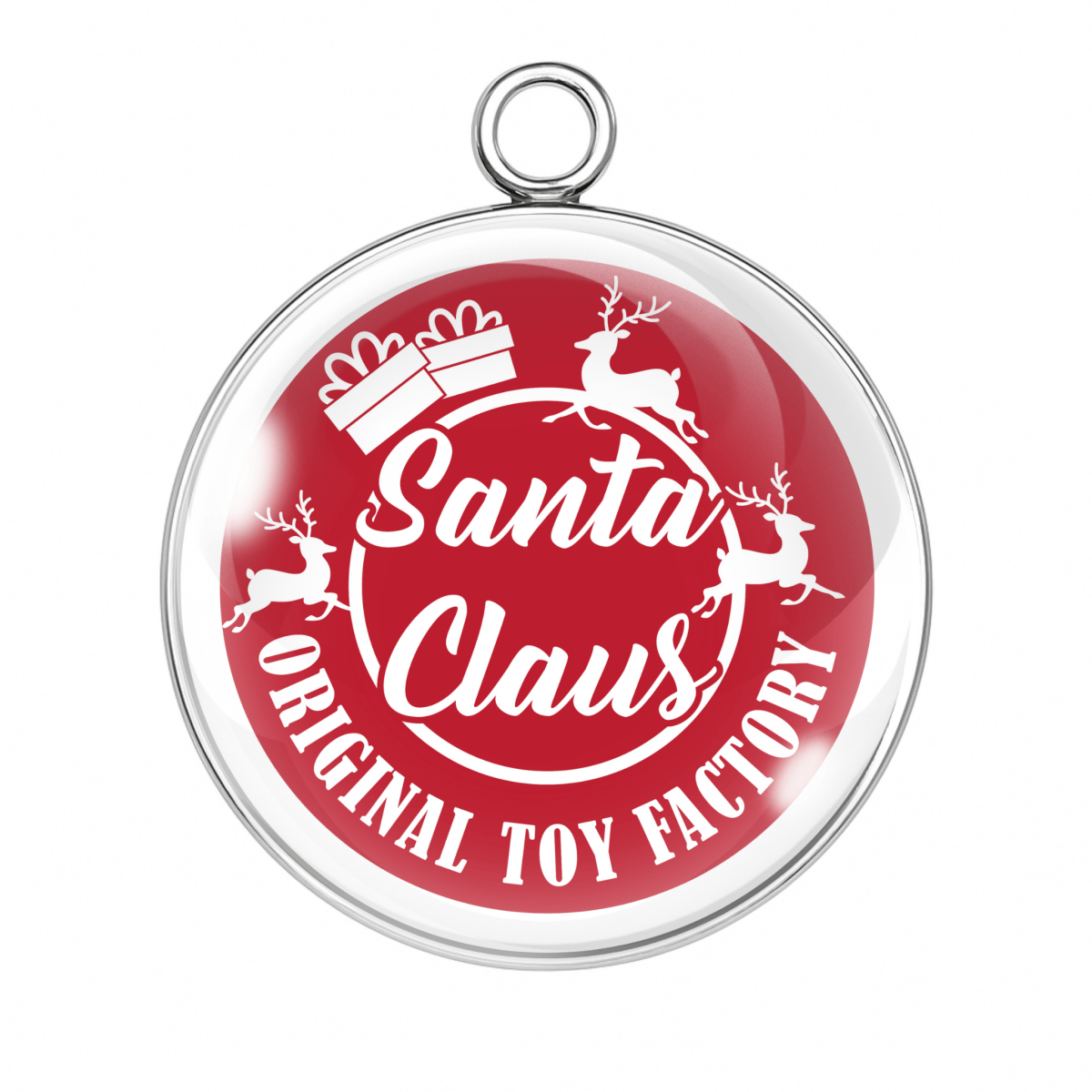“Santa Claus Original Toy Factory red stamp design with reindeer silhouettes, round glass charm in stainless-steel base.