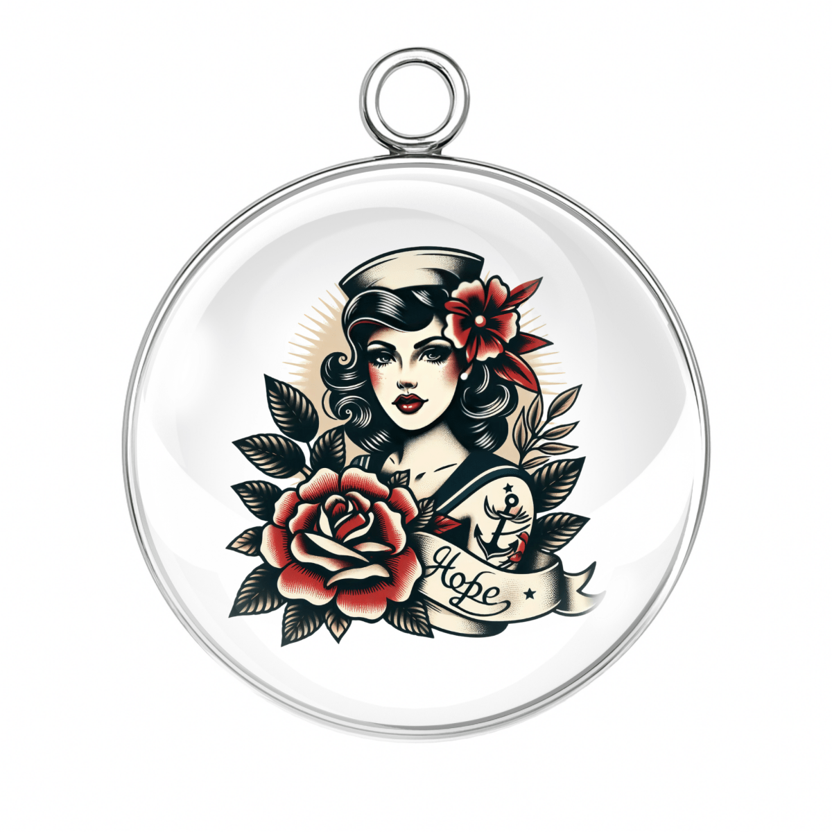 Pin-up girl with anchor and rose tattoo