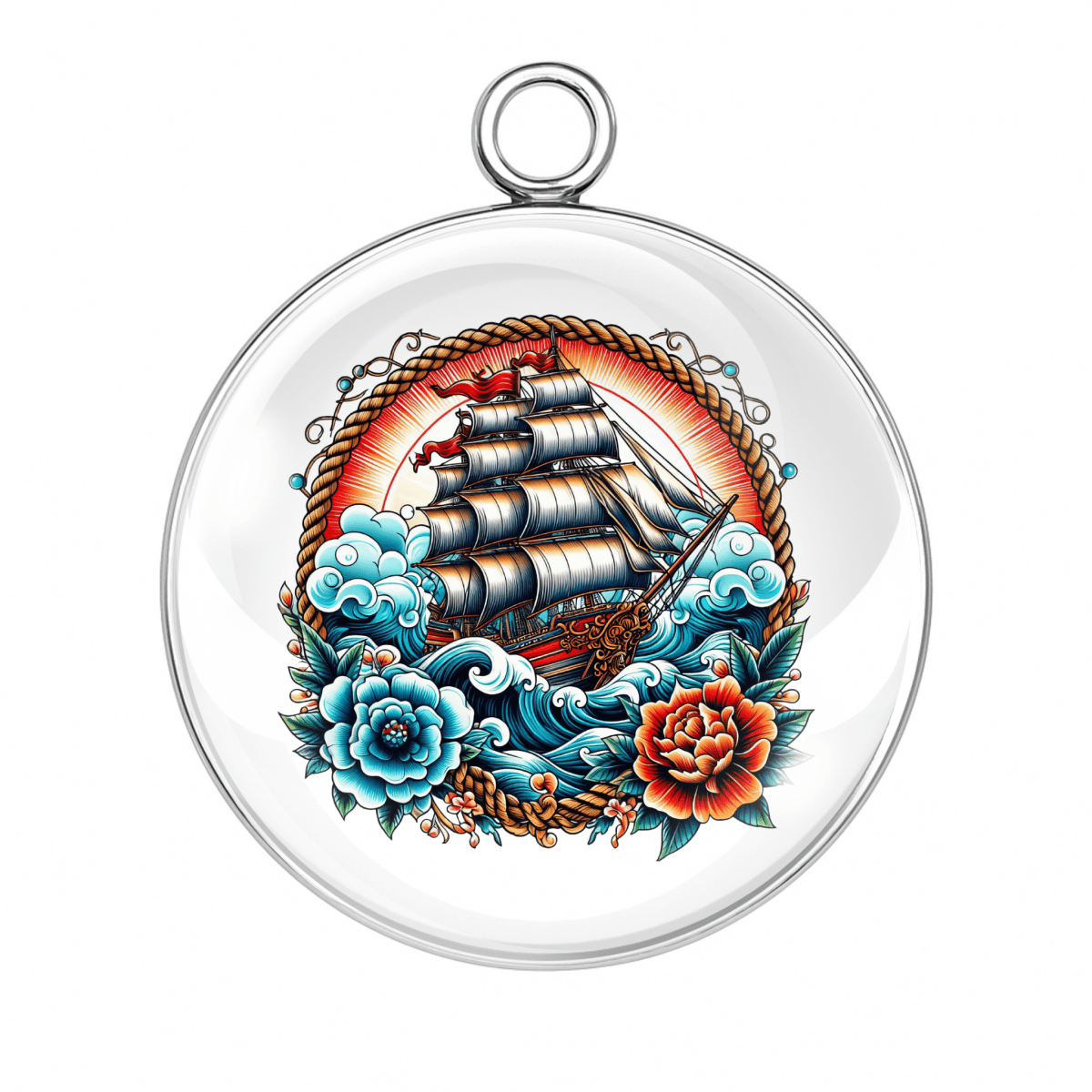 Old school ship sailing with roses and waves