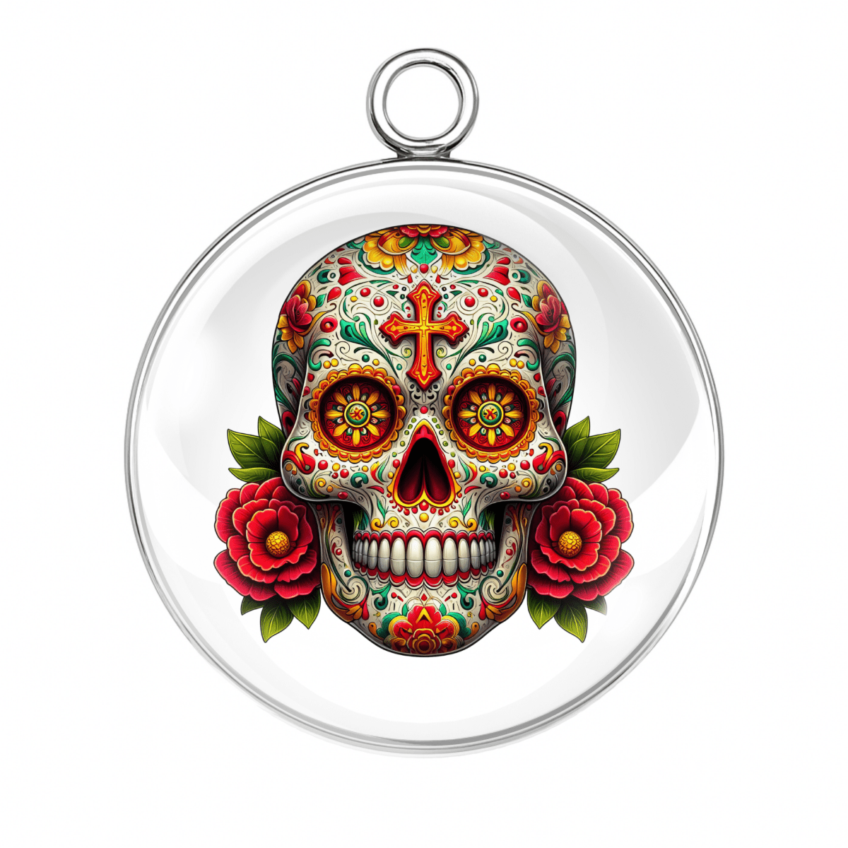 Colorful sugar skull with red and yellow flowers