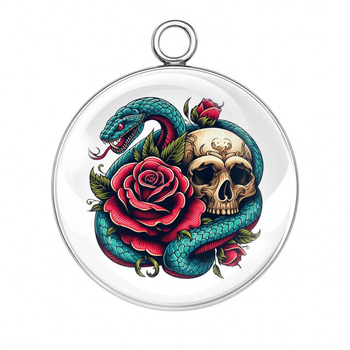 Skull with rose and two green snakes