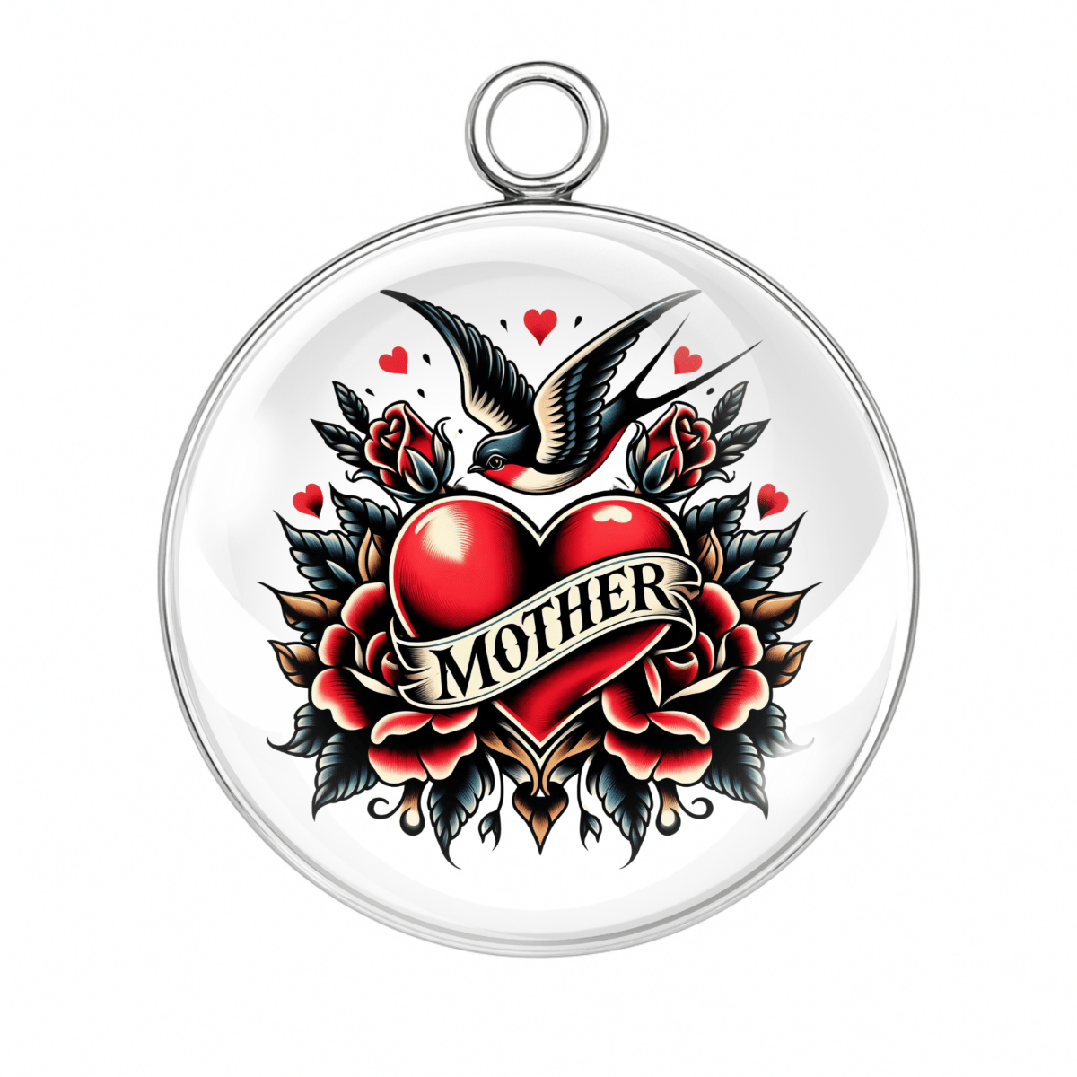 Style 7 – Heart with “Mother” Banner & Swallows
mother heart tattoo charm, classic tattoo cabochon pendant, mother banner jewelry charm