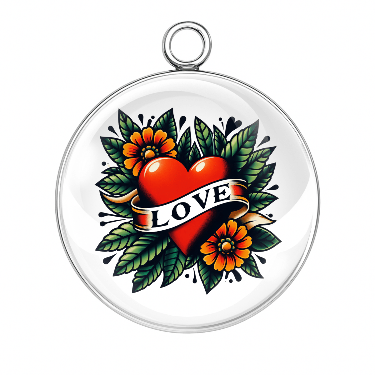 Style 6 – Heart with “Love” Banner
love heart tattoo charm, banner heart cabochon pendant, romantic tattoo jewelry charm