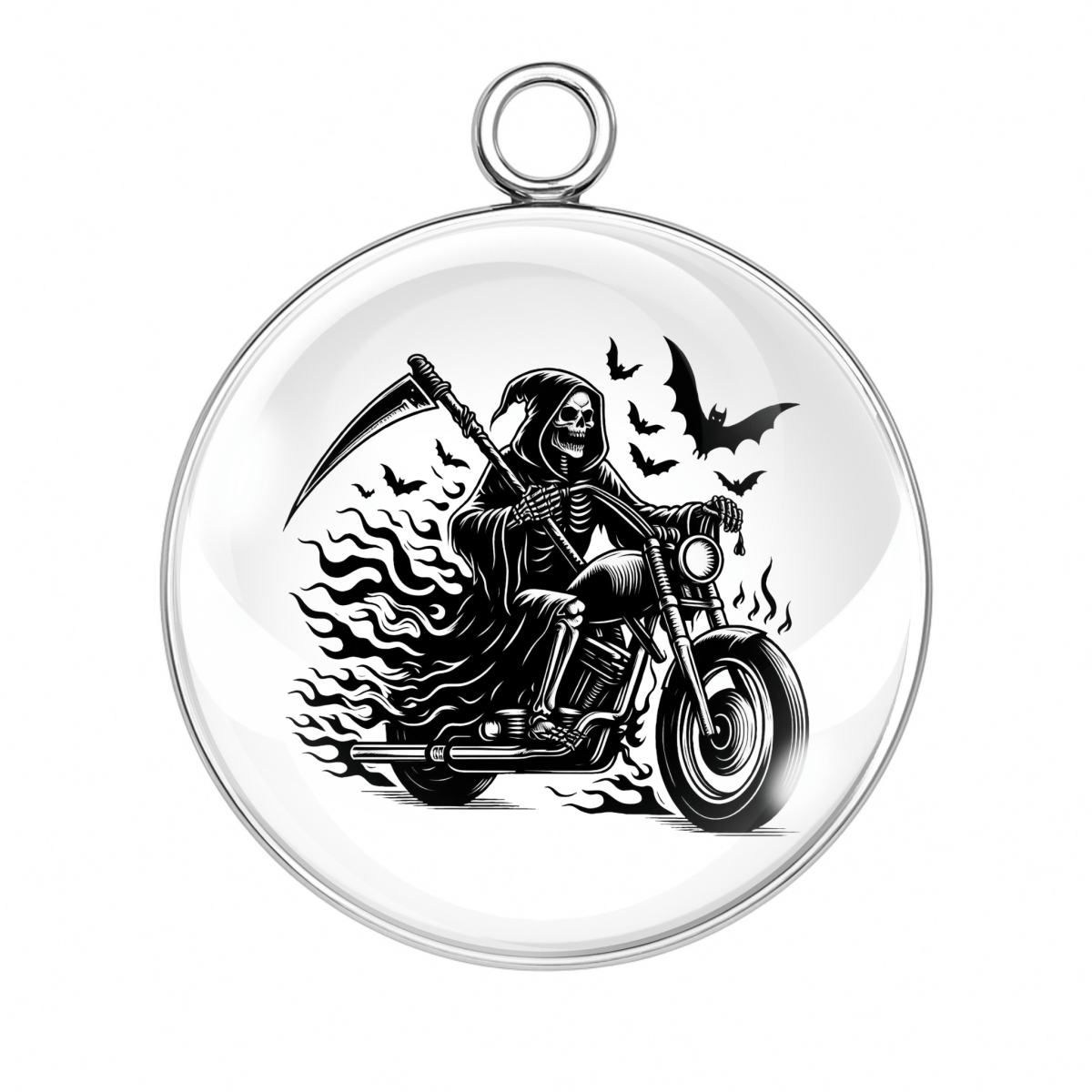 Style 4 – Grim Reaper Biker
reaper motorcycle tattoo charm, biker grim reaper pendant, gothic biker cabochon