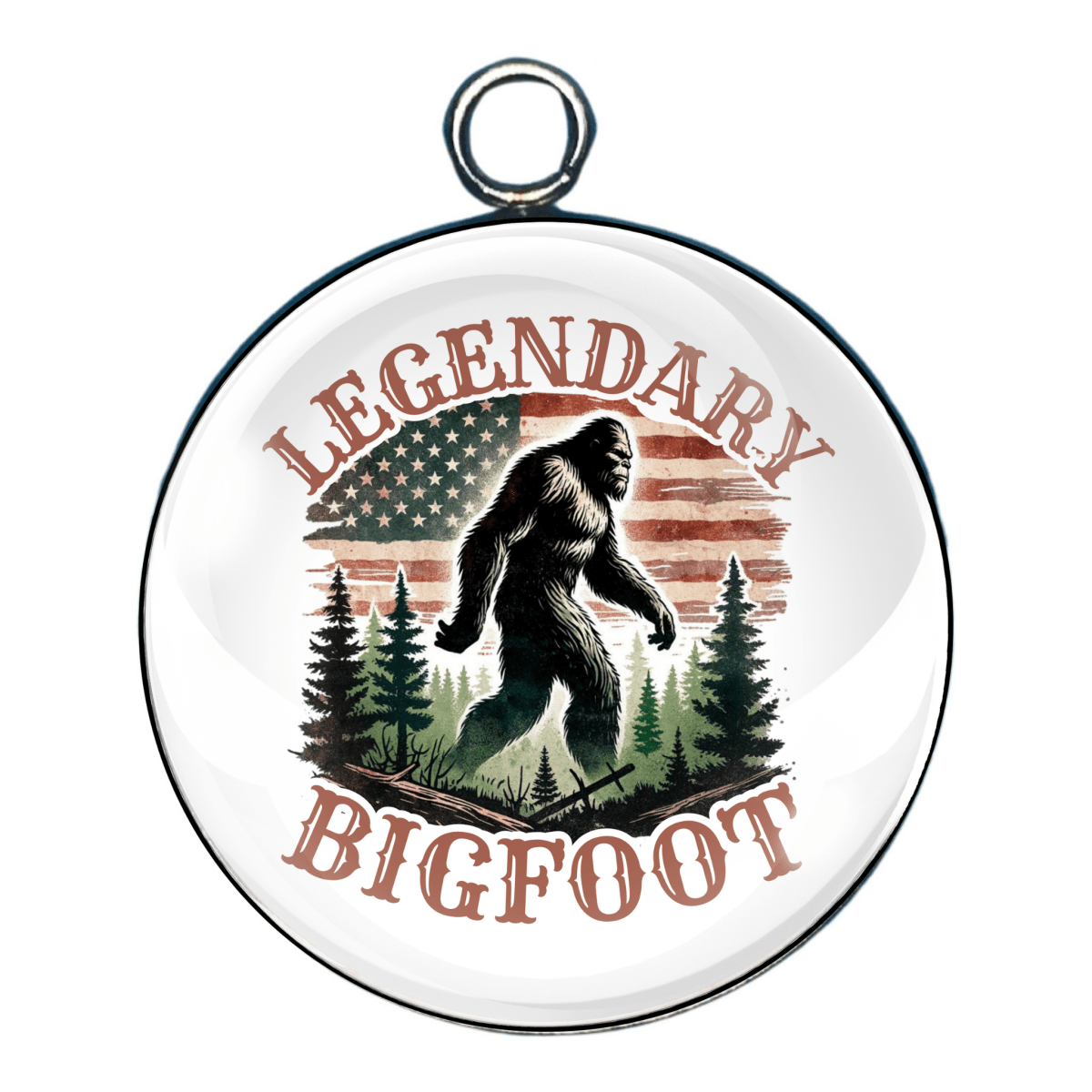 Round charm with the words “Legendary Bigfoot,” showing the classic Bigfoot figure surrounded by forest and patriotic design elements.